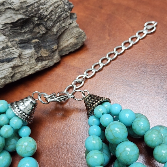 Vintage Chunky Faux Turquoise Beaded Statement Necklace and Pierced Earring Set - Picture 4 of 9